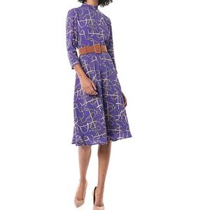 Donna Morgan Purple Long-Sleeve Printed Midi Dress with Tan Belt